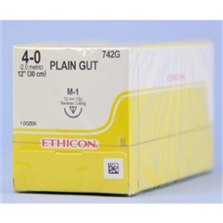 Johnson & Johnson Suture Ethicon Plain Gut, 13mm, 4/0, M1, 1/2 Circle Reverse Cut, 12-Pack
