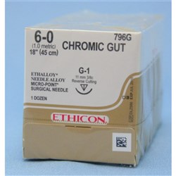 Johnson & Johnson Suture Ethicon Chromic Gut, 6/0, 11mm G-1, 3/8 Circle Reverse Cut, 45cm, 12-Pack