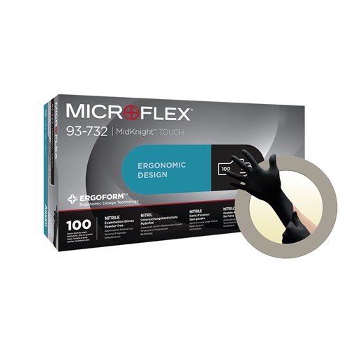 Ansell Gloves - Microflex MidKnight Touch - Black - Nitrile - Non Sterile - Powder Free - Large, 100-Pack