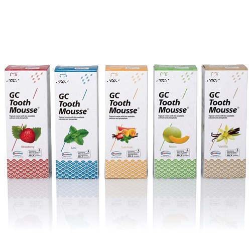 GC TOOTH MOUSSE - Assorted - Strawberry, Vanilla, Mint, Melon, Tutti-Frutti - 40g Tubes, 10-Pack