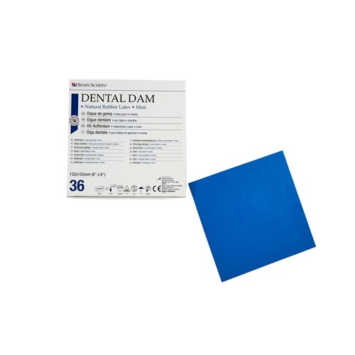 Henry Schein Rubber Dam - Latex - Heavy - Blue - Mint Flavour- 15cm x 15cm, 36-Pack