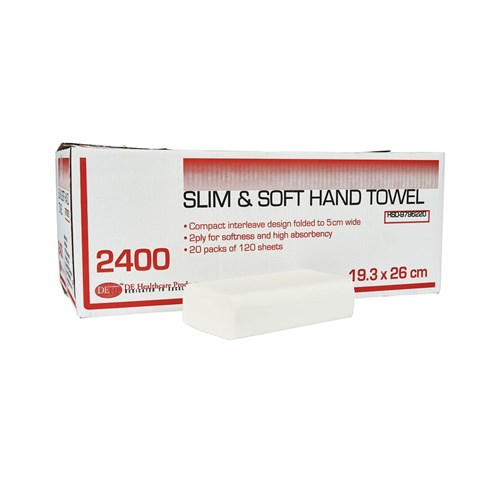 DE Slim & Soft Hand Towel - 2ply - 19.3mm x 26cm, 2400 Sheets