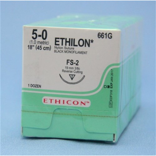 SUTURE Ethicon Nylon 19mm 5/0 FS2 3/8 circle reverse cut x12