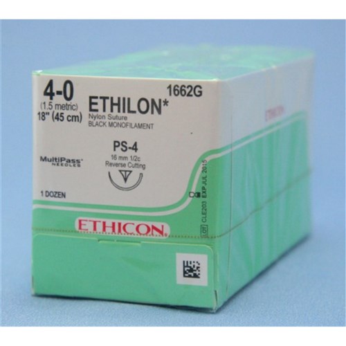 Johnson & Johnson Suture Ethicon Nylon, 4/0, 19mm, FS2, 3/8 Circle Reverse Cut, 12-Pack