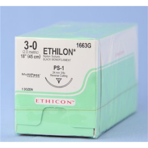 Johnson & Johnson Suture Ethicon Nylon, 3/0, 24mm, FS1, 3/8 Circle Reverse Cut, 12-Pack