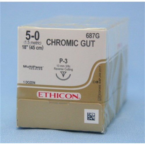Johnson & Johnson Suture Ethicon Chromic Gut, 5/0, 13mm P3, 3/8 Circle Reverse Cut, 12-Pack