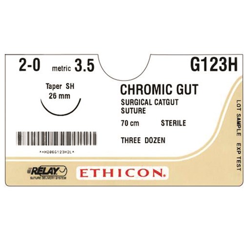 Johnson & Johnson Suture Ethicon Chromic Gut, 2/0, 26mm SH, 1/2 Circle Taper Point, 36-Pack