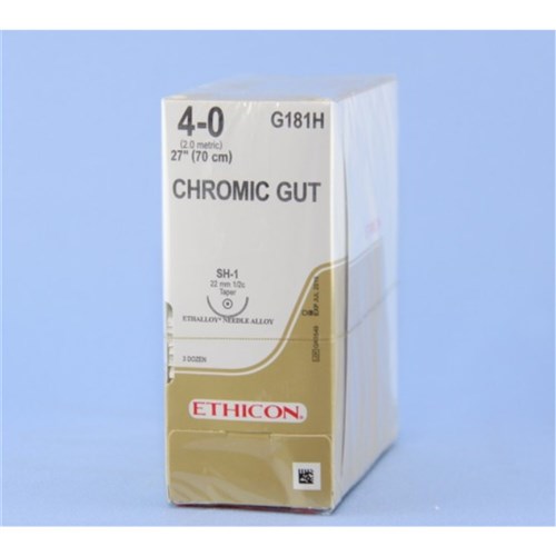Johnson & Johnson Suture Ethicon Chromic Gut, 4/0, 22mm SH1, 1/2 Circle Taper Point, 36-Pack
