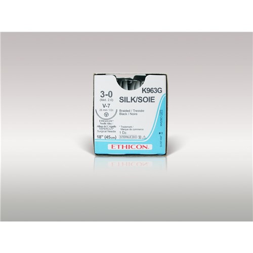 Johnson & Johnson Suture Ethicon Silk,  26mm, 3/0, V7, 1/2 Circle Taper Cut, 12-Pack