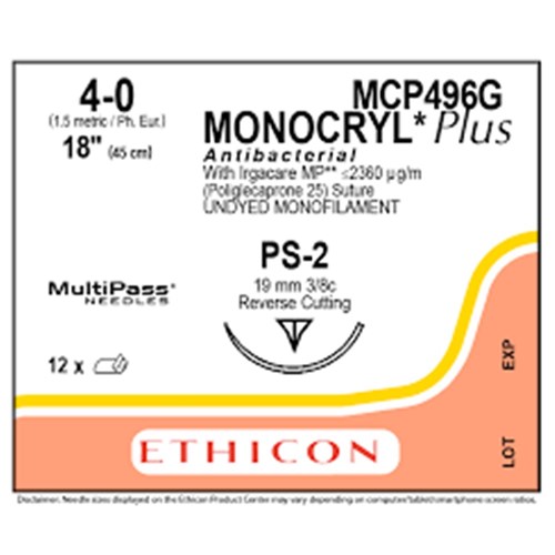 Johnson & Johnson Monocryl Plus Suture, Antibacterial poliglecaprone 25, Undyed, 4/0, 19mm, 3/8 Reverse Cutting, 12-Pack