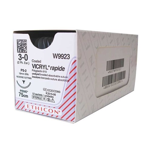 Johnson & Johnson Suture Ethicon Vicryl Rapid, 19mm, 3/0, 3/8 Circle Reverse Cut, 12-Pack