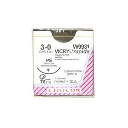 Johnson & Johnson Suture Ethicon Vicryl Rapid, 26mm, 3/0, 3/8 Circle Reverse Cut, 12-Pack