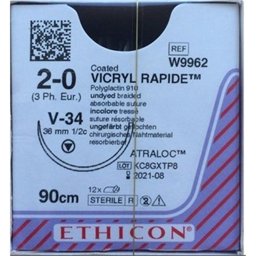 Johnson & Johnson Suture Ethicon Vicryl Rapid, 36mm, 2/0, V34, 1/2 Circle Taper Cut, 12-Pack