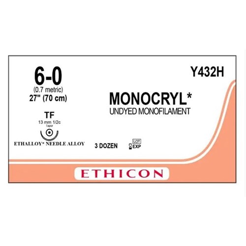 Johnson & Johnson Suture Monocryl, 6/0, 1/2 Circle Taper, 70cm, Undyed, 36-Pack each